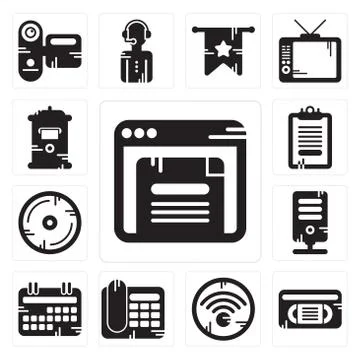Set of Browser, Vhs, Wifi, Telephone, Calendar, Server, Compact disc, Clipboa Illustrazione stock gratuita