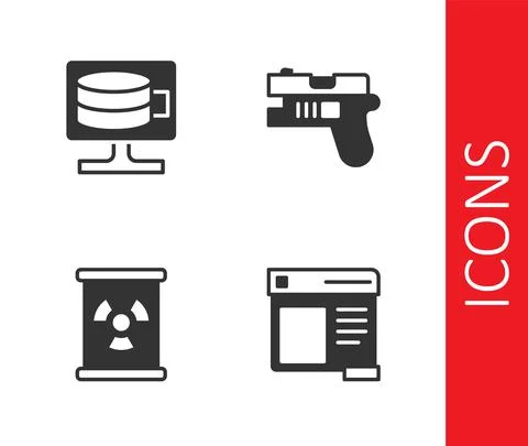 Set Browser window, Cloud database, Radioactive waste barrel and Futuristic Stock Illustration