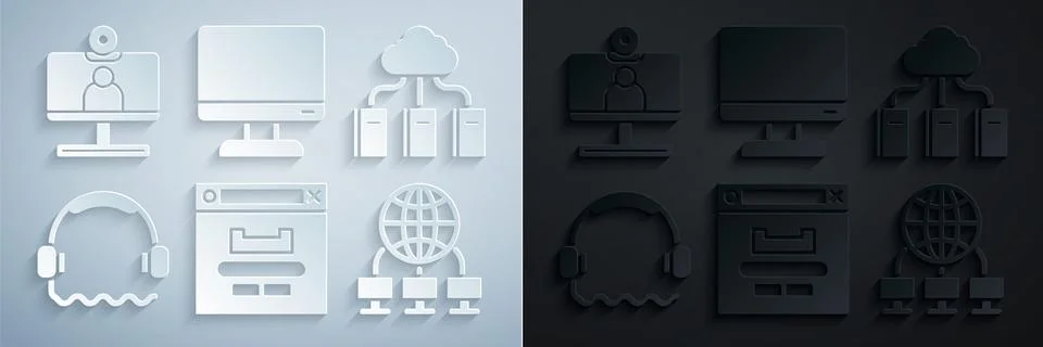 Set Browser window, Cloud or online library, Headphones, Computer network Illustrazione stock