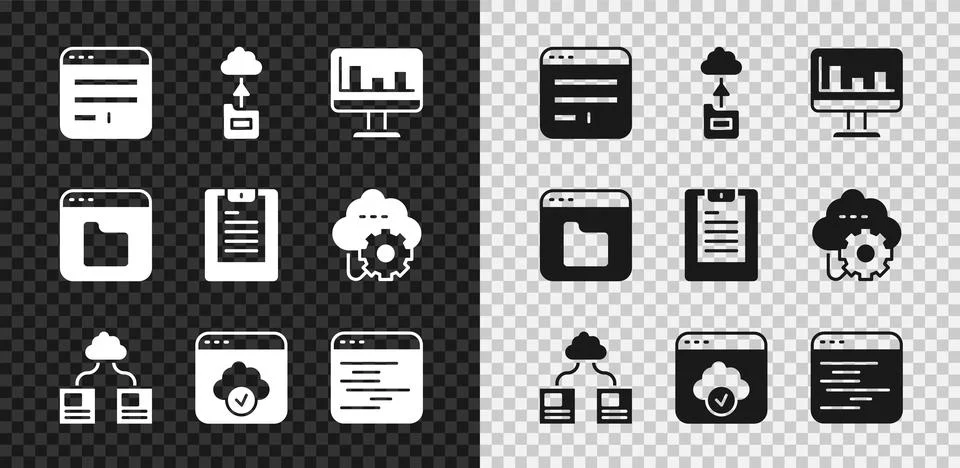 Set Browser window, Cloud technology data transfer, Monitor with graph chart Illustrazione stock