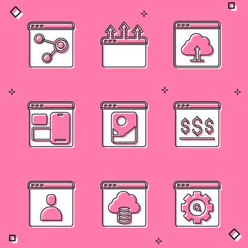 Set Browser window, Cloud upload, Web developer programming code, Photo ret.. Stock Illustration