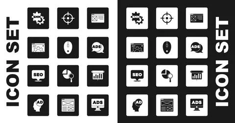 Set Browser window, Computer mouse, setting, Social media marketing, Advertising Stock Illustration