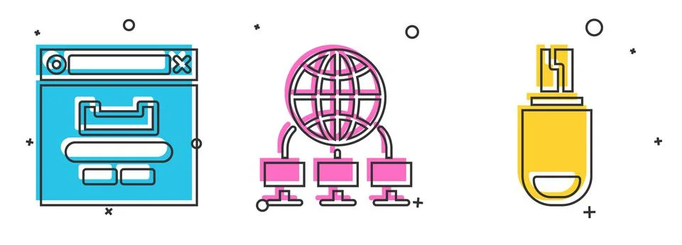 Set Browser window, Computer network and USB flash drive icon. Vector Stock Illustration