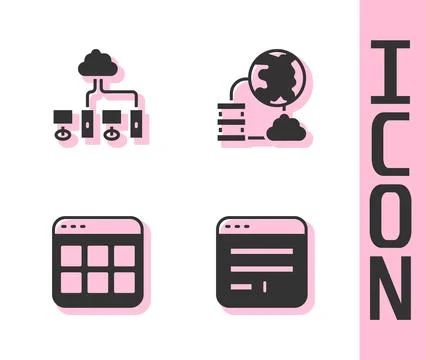Set Browser window, Computer network, files and Network cloud connection ic.. Illustrazione stock