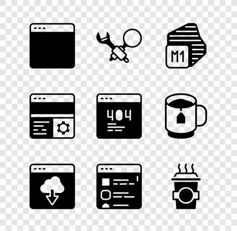 Set Browser window, Debugging, Processor, Cloud technology data transfer, files Stock Illustration