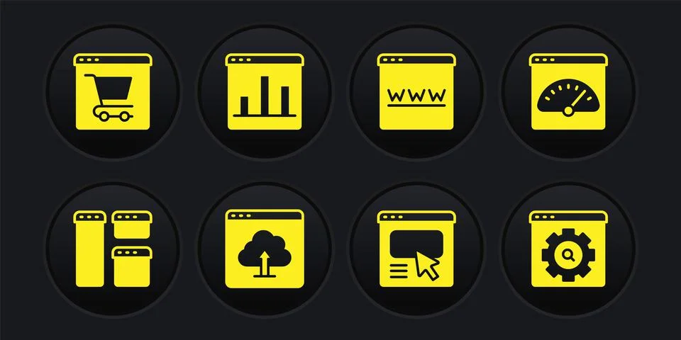 Set Browser window, Digital speed meter, Cloud upload, UI or UX design, Graph Illustrazione stock