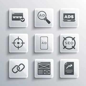 Set Browser window, Document with graph chart, SEO optimization, Advertising Illustrazione stock