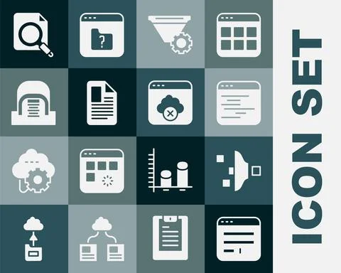 Set Browser window, Filter setting, Software, File document, Hangar with servers Stock Illustration