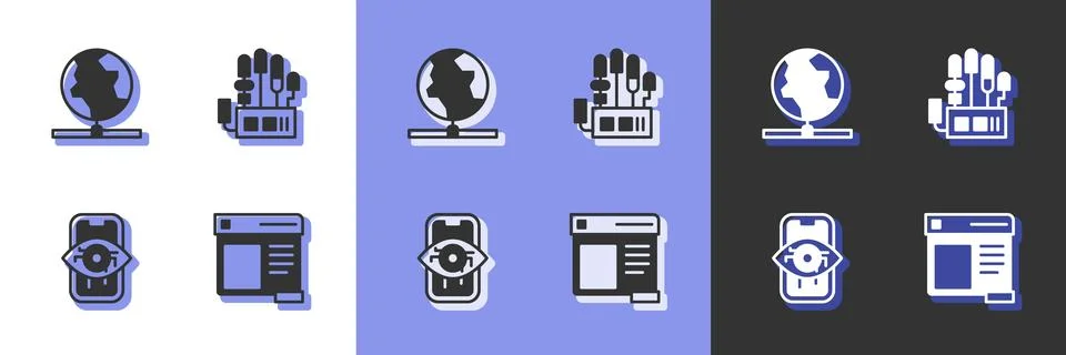 Set Browser window, Global technology, Computer vision and Mechanical robot.. Stockillustratie