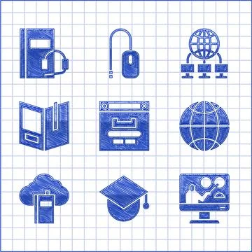 Set Browser window, Graduation cap on globe, Online education, Social network イラスト素材