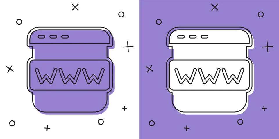 Set Browser window icon isolated on white and purple background. Vector Illustrazione stock