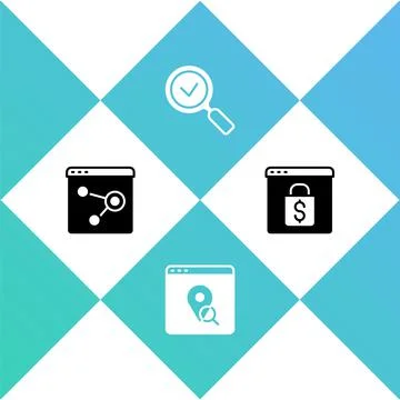 Set Browser window, Infographic of city map, Magnifying glass with check mark Illustrazione stock
