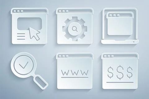 Set Browser window, Laptop with browser, Magnifying glass check mark, Onlin.. Illustrazione stock