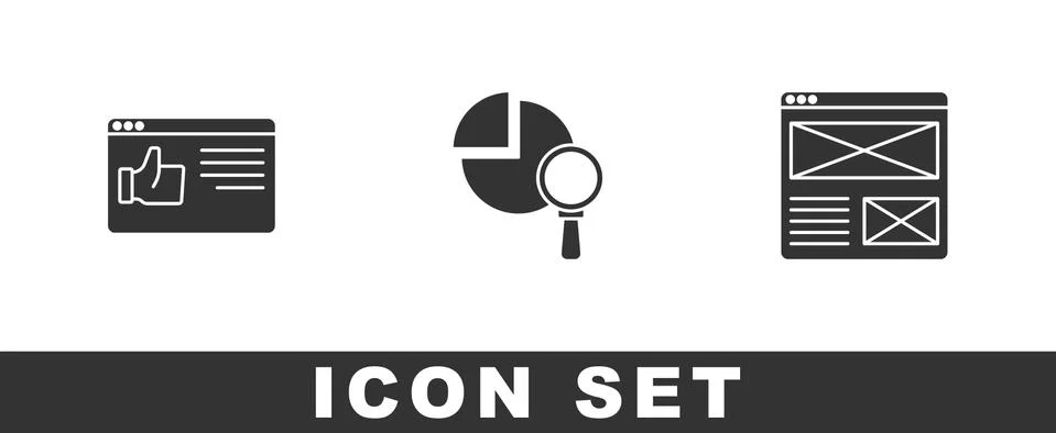 Set Browser window, Magnifying glass and analysis and icon. Vector Stock Illustration