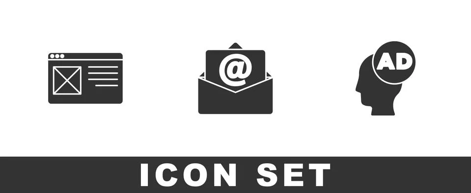 Set Browser window, Mail and e-mail and Advertising icon. Vector Stockillustratie