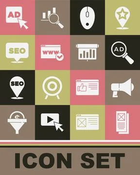 Set Browser window, Megaphone, Advertising, Computer mouse, Website templat.. Stock Illustration