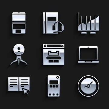 Set Browser window, Mobile phone, Clock, Laptop, Online book, Web camera, Pie 스톡 일러스트