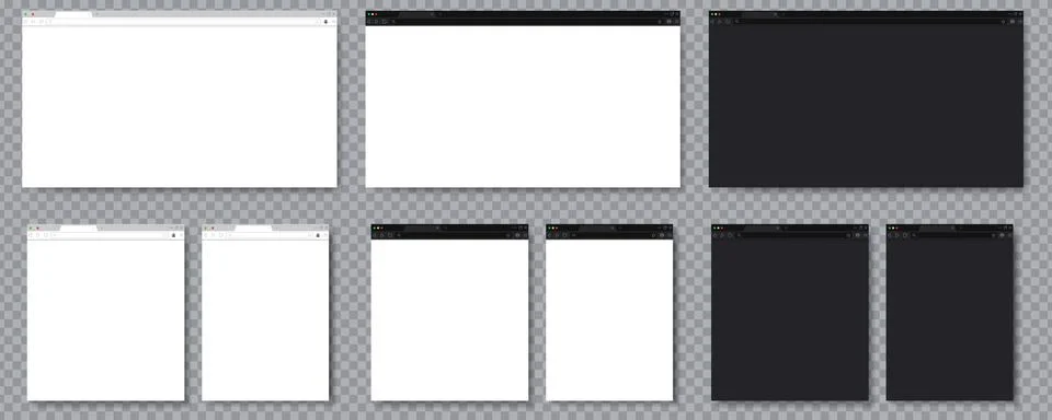 Set of browser window mockups with light and dark themes on transparent bac.. Illustrazione stock