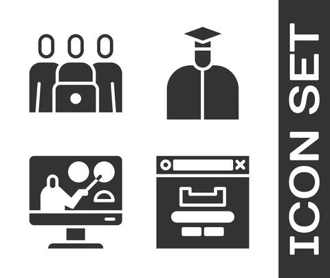Set Browser window, Online class, Online education and Student icon. Vector Stockillustratie