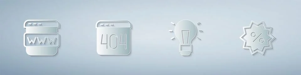 Set Browser window, Page with a 404 error, Light bulb and Discount percent tag Stock Illustration