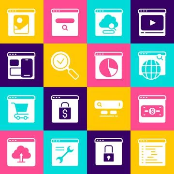 Set Browser window, Search engine, Cloud technology data transfer, Magnifying Illustrazione stock