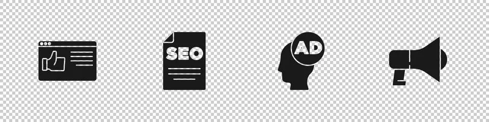 Set Browser window, SEO optimization, Advertising and Megaphone icon. Vector Stock Illustration