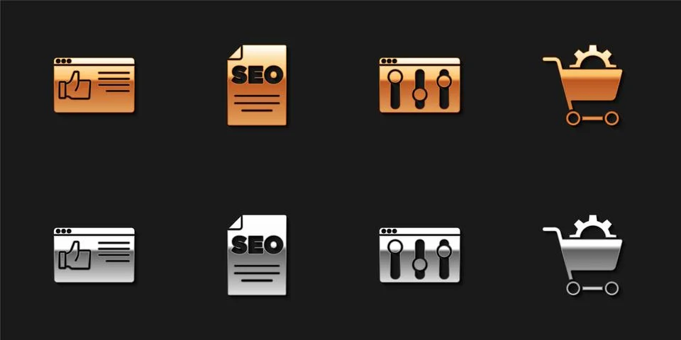 Set Browser window, SEO optimization, setting and Shopping cart icon. Vector Illustrazione stock