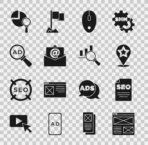 Set Browser window, SEO optimization, Map pointer with star, Computer mouse 库存插图