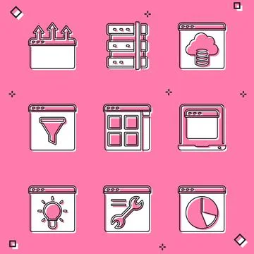 Set Browser window, Server, Cloud technology data transfer, files, Laptop with Stock Illustration