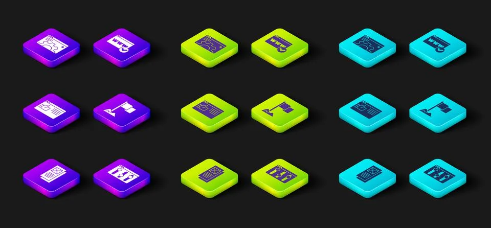 Set Browser window, setting, Location marker, Website template and icon. Vector Stock Illustration