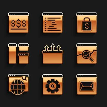 Set Browser window, setting, Website and mail, with stocks market, Search engine Stock Illustration