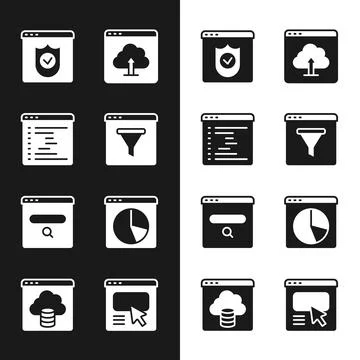 Set Browser window, with shield, Cloud upload, Search engine, Graph chart Stock Illustration