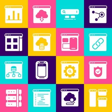 Set Browser window, with shield, Search engine, Cloud technology data trans.. Illustrazione stock