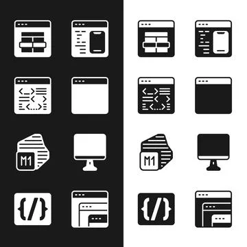 Set Browser window, Software, MySQL code, Processor, Computer monitor screen Stock Illustration