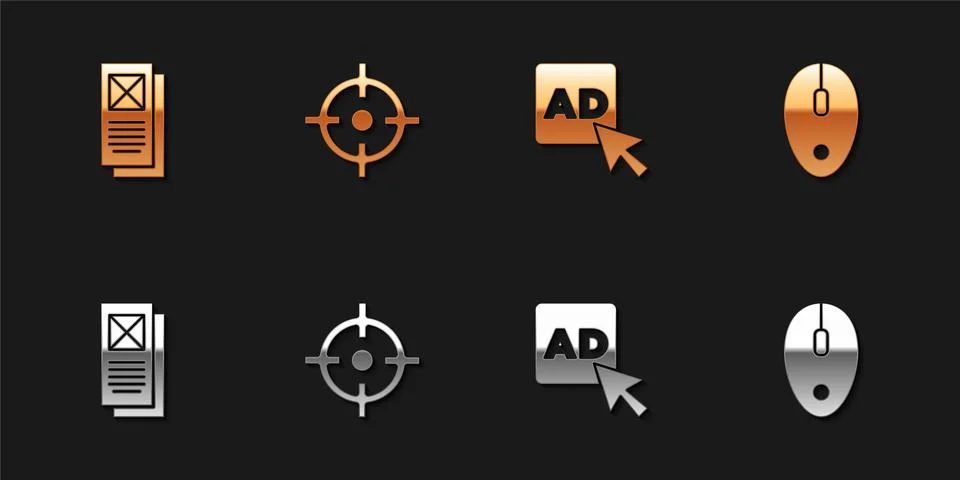 Set Browser window, Target sport, Advertising and Computer mouse icon. Vector Stock Illustration