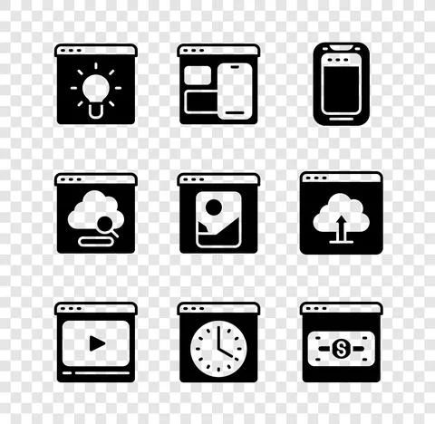 Set Browser window, Web developer programming code, Mobile phone, Online play Stock Illustration