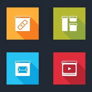 Set Browser window, Website and mail and Online play video icon. Vector Stockillustratie