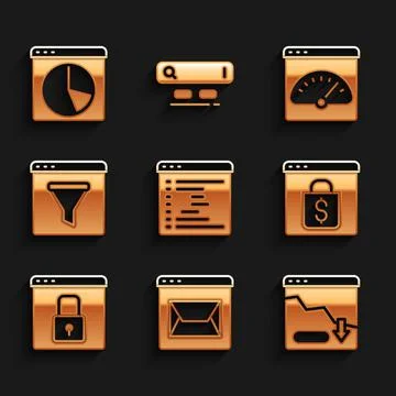 Set Browser window, Website and mail, Financial growth decrease, Online shopping Stock Illustration