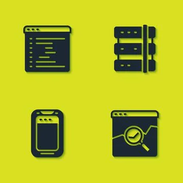 Set Browser window, Website with stocks market, Mobile phone and Server icon Stock Illustration