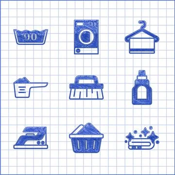 Set Brush for cleaning, Basin with soap suds, Towel stack, Bottle agent, El.. イラスト素材