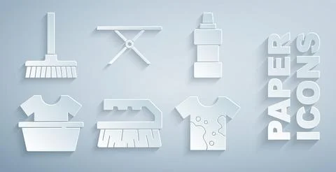 Set Brush for cleaning, Bottle agent, Basin with shirt, Dirty t-shirt, Iron.. Stock-Illustration