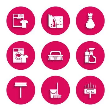 Set Brush for cleaning Mop and bucket Vacuum cleaner Plastic bottles liquid d Stock-Illustration