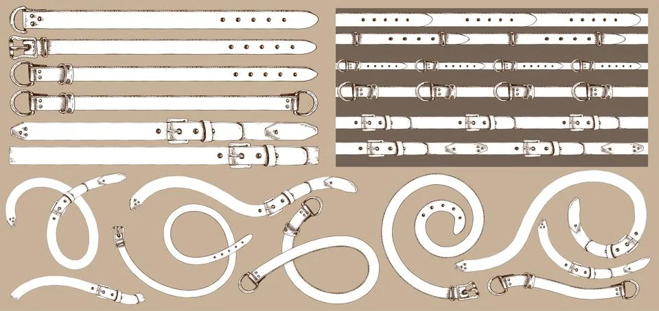 Set of brush patterns with retro hand-drawn sketch belt on Stock Illustration