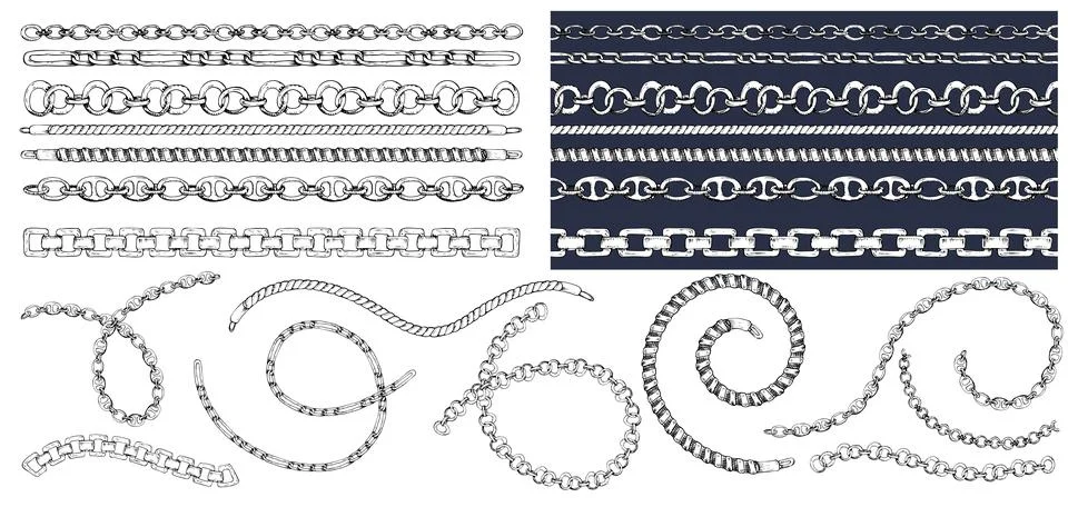 Set of brush patterns with retro hand-drawn sketch chain on Stock Illustration