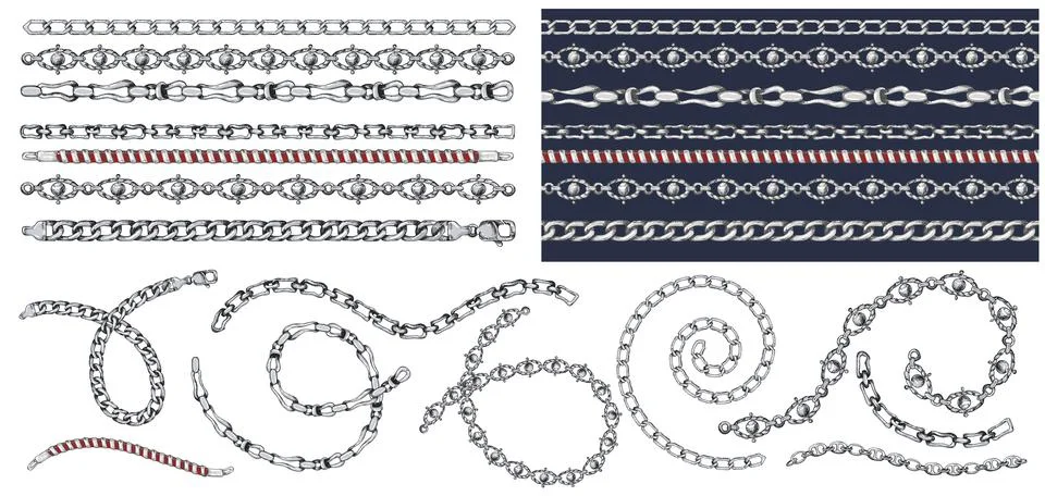 Set of brush patterns with retro hand-drawn sketch silver Stock Illustration