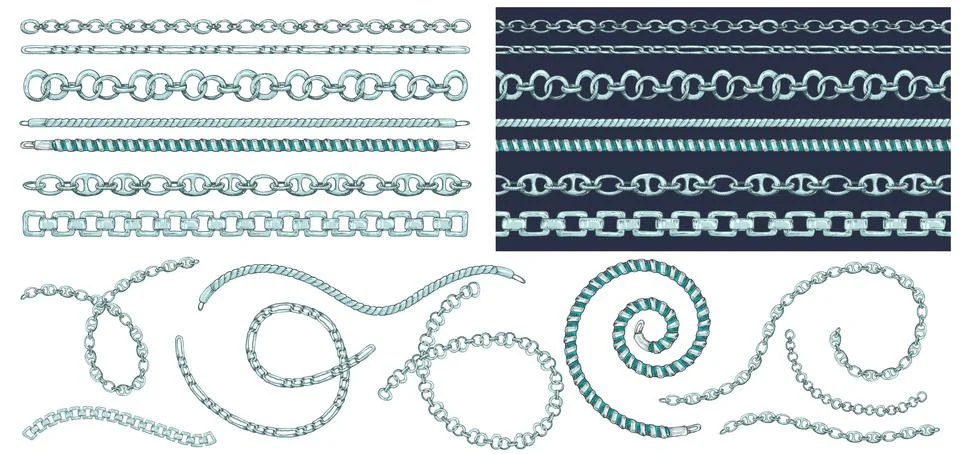 Set of brush patterns with retro hand-drawn sketch silver Stock Illustration