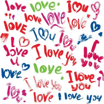 Set of brush strokes and scribbles in heart shapes and words love, i love you Stock Illustration