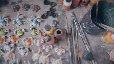 Set of brushes and paints on the table Stock Footage 72282817