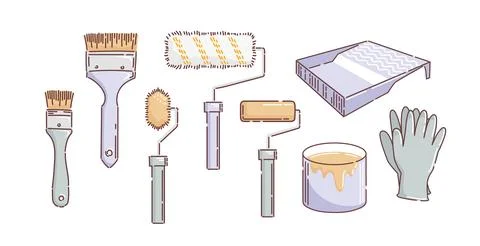 A set of brushes and rollers for painting. Cuvette for paints, gloves, a jar of Stock Illustration