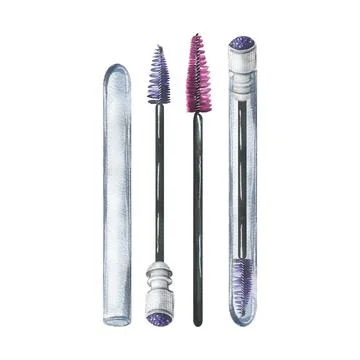 A set of brushes for eyelashes and eyebrows in a transparent flask. Hand drawn Stock Illustration